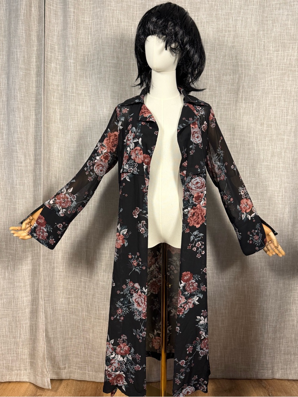 Black Floral Sheer Maxi Wrap kimono
